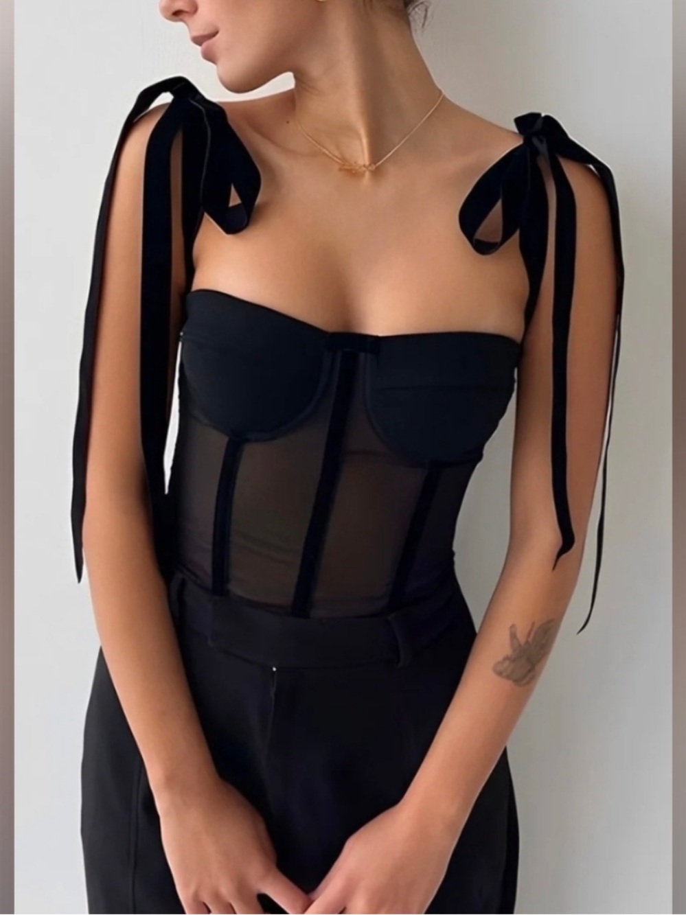 NWT Commense Semi-Sheer Tied Mesh Cami Crop